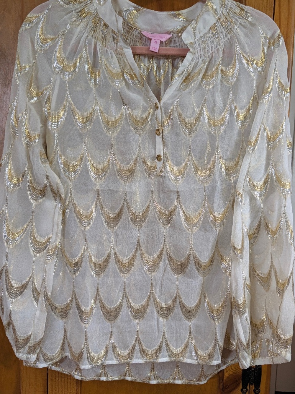 Lilly Pulitzer Semi Sheer Cream/Gold Shimmery LS Top